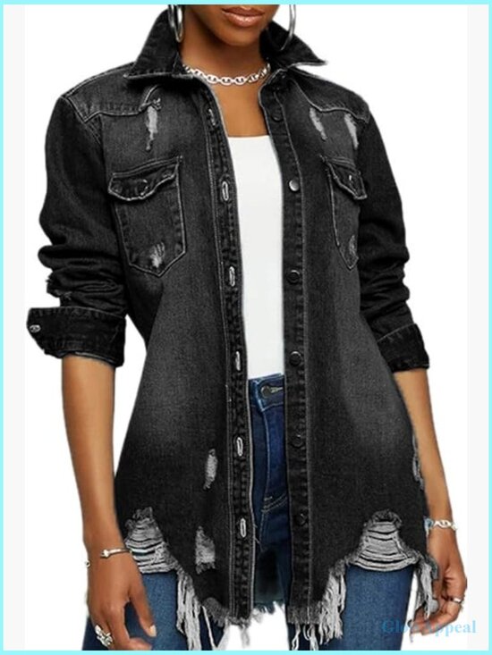 Jackets & Blazers - Classic Distressed Trucker Jean Jacket Long Sleeve Button Front